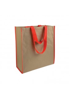 SHOPPER CON SOFFIETTO IN CARTA CON INTERNO IN PP 140 G/M2, MANICI LUNGHI A NASTRO COLORATI 15115