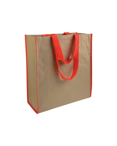 SHOPPER CON SOFFIETTO IN CARTA CON INTERNO IN PP 140 G/M2, MANICI LUNGHI A NASTRO COLORATI 15115