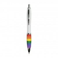 PENNA A SCATTO IN PLASTICA ABS, CON FUSTO BIANCO, IMPUGNATURA ARCOBALENO GOMMATA