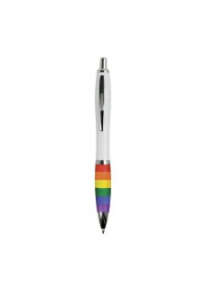 PENNA A SCATTO IN PLASTICA ABS, CON FUSTO BIANCO, IMPUGNATURA ARCOBALENO GOMMATA